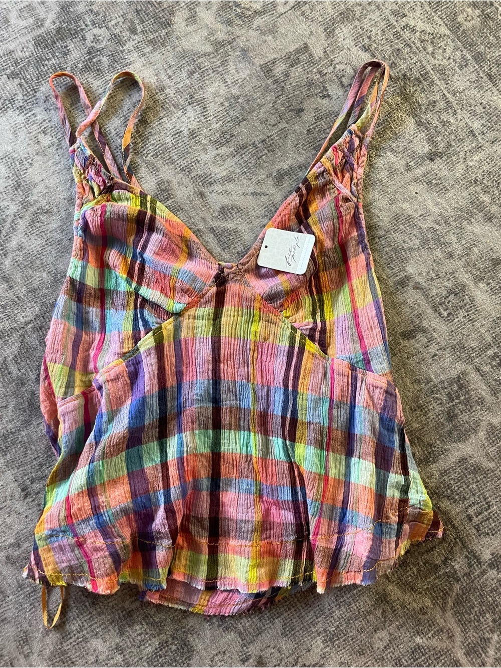 Free People Multicolor Plaid Crinkle Cami — Pink, Blue, Green, Yellow, Orange